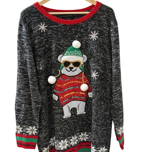 Blizzard Bay Size 2XL Ugly Christmas Sweater With Dog Sequins Pom Poms and Hat - Picture 1 of 7